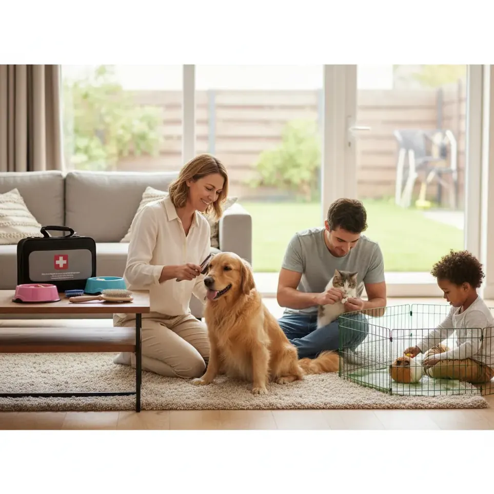 Família com cão e gato na sala de casa durante atendimento domiciliar