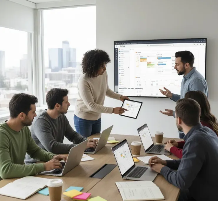 Equipe em reunião acompanhando painel de projetos em uma tela